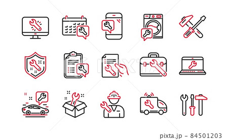 Repair line icons. Hammer, Screwdriver and Spanner tool. Washing machine repair linear icon set. Linear set. Quality line set. Vector 84501203