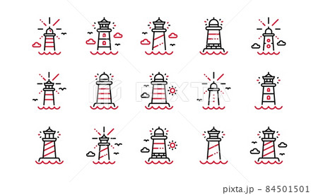 Lighthouse line icons. Searchlight tower with seagull for marine navigation of ships. Sea pharos, lighthouse or beacon icons. Linear set. Linear set. Quality line set. Vector 84501501