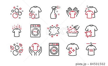 Laundry line icons. Dryer, Washing machine and dirt shirt. Laundromat, hand washing, laundry service icons. Linear set. Linear set. Quality line set. Vector 84501502