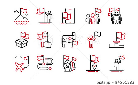 Flag line icons. Leadership, Goal Success, Winner with Flag. Navigation Map, Travel goal destination, People protest line icons. Mountain with Flag pole, Delivery box, Ownership. Linear set. Vector 84501532