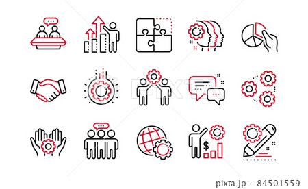 Employees benefits line icons. Business strategy, handshake and people collaboration. Teamwork, social responsibility, people relationship icons. Linear set. Linear set. Quality line set. Vector 84501559