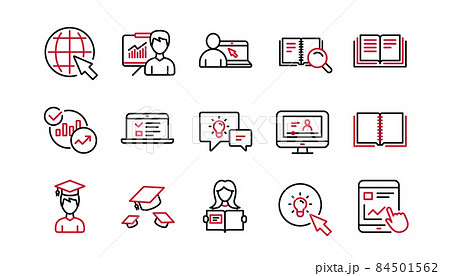 Education line icons. Book, Video tutorial and Instructions. Presentation linear icon set. Linear set. Quality line set. Vector Education line icons. Book, Video tutorial and Instructions. Presentation linear icon set. Linear set. Quality line set. Vector 84501562