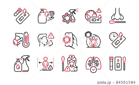 Covid Test line icons. Nasal swab, Blood testing, Waiting time. Social Distance, Hand Sanitizer, Rapid Antigen Test icons. Coronavirus protection, Pneumonia virus. Nose with cotton swab. Vector 84501584