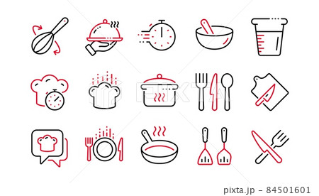 Cooking line icons. Boiling time, Frying pan and Kitchen utensils. Fork, spoon and knife line icons. Recipe book, chef hat and cutting board. Linear set. Linear set. Quality line set. Vector 84501601