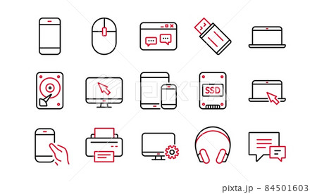 Device line icons. Laptop, SSD and Headphones. Printer linear icon set. Linear set. Quality line set. Vector 84501603
