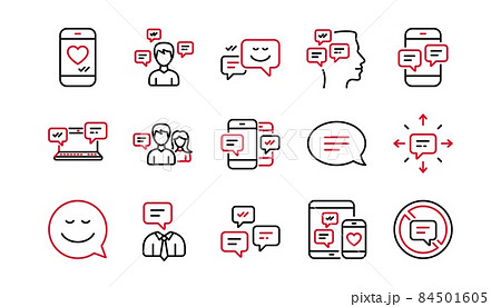 Message and Communication icons. Group chat, Speech bubble and Sms. Contact linear icon set. Linear set. Quality line set. Vector 84501605