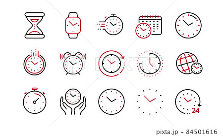 Time and clock line icons. Timer, Alarm and Smartwatch. Time management, 24 hour clock, deadline alarm icons. Sand hourglass, smartwatch, timer stopwatch. Linear set. Linear set. Vector 84501616