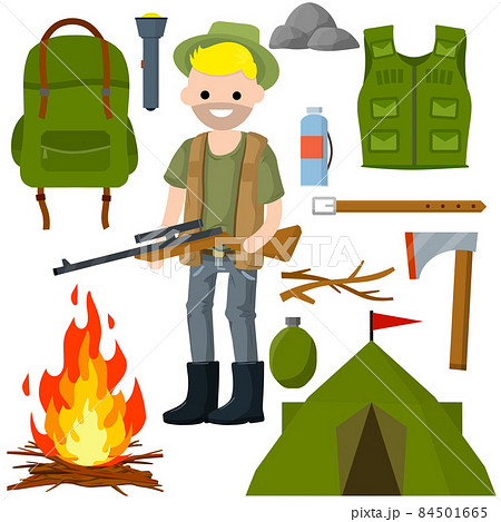Man hunter with a gun. Tent, fire, ax, wood, backpack, 84501665