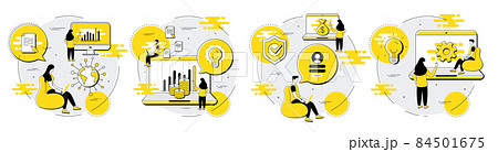 Business character illustrations. Collection of business accounting, idea bulb and money analysis icons. Cyber data, online payment and education teacher. Marketing line icons. People character vector Business character illustrations. Collection of business accounting, idea bulb and money analysis icons. Cyber data, online payment and education teacher. Marketing line icons. People character vector 84501675