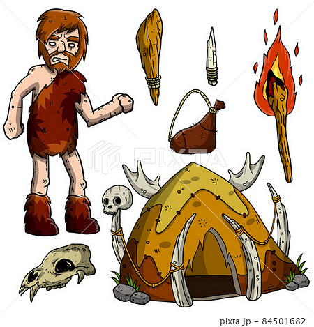 Set of caveman items. Hut of skins and bones and wooden club 84501682