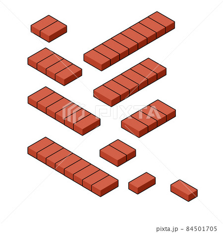 Set of red brick fence in isometric view. Material for renovation of house and curb of road. Construction of buildings. Low barrier and fence 84501705