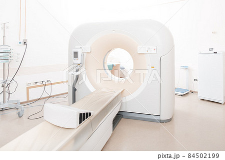 Medical CT or MRI Scan in the modern hospital laboratory. Interior of radiography department. Technologically advanced equipment in white room. Magnetic resonance diagnostics machine. 84502199