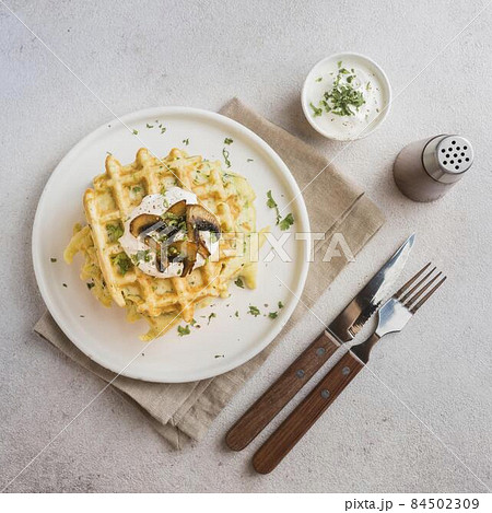 flat lay delicious waffers breakfast. High quality photo flat lay delicious waffers breakfast. High quality photo 84502309