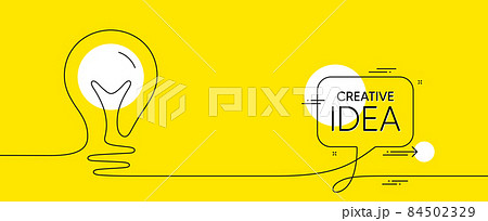Continuous line idea icon. One light bulb silhouette. Speech bubble with lightbulb icon on yellow background. Idea doodle sketch with line. Handdrawn electric light bulb. Lamp silhouette. Vector 84502329