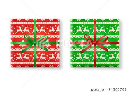 Vector 3d Realistic Paper Green, Red Christmas Gift Box, Bow Icon Set. Christmas Pattern. New Year, Christmas Concept. Design Template of Christmas Present Packing. Top View Vector 3d Realistic Paper Green, Red Christmas Gift Box, Bow Icon Set. Christmas Pattern. New Year, Christmas Concept. Design Template of Christmas Present Packing. Top View 84502791