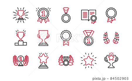 Award line icons. Winner medal, Victory cup and Trophy reward. Achievement linear icon set. Linear set. Quality line set. Vector Award line icons. Winner medal, Victory cup and Trophy reward. Achievement linear icon set. Linear set. Quality line set. Vector 84502903