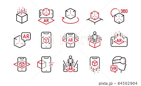 Augmented reality line icons. VR simulation, Panorama view, 360 degrees. Virtual reality gaming, augmented, full rotation arrows icons. Linear set. Linear set. Quality line set. Vector 84502904