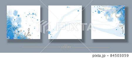 Wedding gold floral invitation simple lines. Blue marble and watercolors. Save the date, thanks. Card design for certificate. Set of vector graphics templates for social networks 84503059