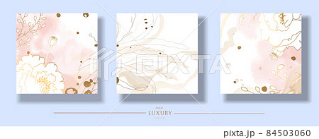 Wedding floral invitation simple lines. Pink marble and watercolors. Save the date, thanks. Card design for certificate. Gold lines of flowers. Set of vector graphics templates for social networks 84503060