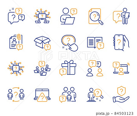 Questions line icons. Artificial Intelligence computer, phone with Question mark, Problem solve. Quiz, faq guide, job interview line icons. Ask person, question bubble, family problem. Vector Questions line icons. Artificial Intelligence computer, phone with Question mark, Problem solve. Quiz, faq guide, job interview line icons. Ask person, question bubble, family problem. Vector 84503123