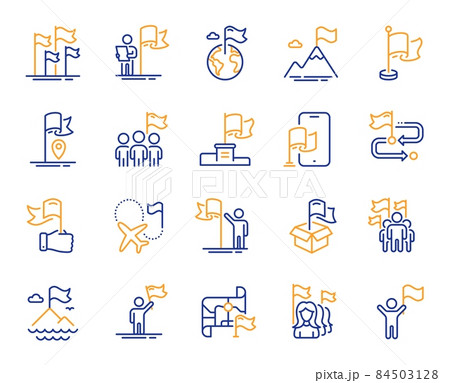 Flag line icons. Leadership, Goal Success, Winner with Flag. Navigation Map, Travel goal destination, People protest line icons. Mountain with Flag pole, Delivery box, Ownership. Vector 84503128