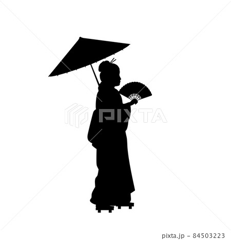 Silhouette of woman in national Asian costume with fan and umbrella. 84503223
