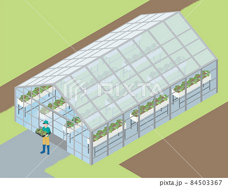 アイソメトリックスで描いたビニールハウス 人物農家 立体イラスト 農業農家のイラスト素材