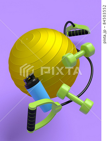 Flying sport equipment like water bottle, dumbbell and expander on violet background. 3d render of power lifting and fitness concept Flying sport equipment like water bottle, dumbbell and expander on violet background. 3d render of power lifting and fitness concept 84503552