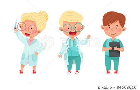 Funny kids playing doctors set. Little children in medical uniform with medical tools cartoon vector illustration Funny kids playing doctors set. Little children in medical uniform with medical tools cartoon vector illustration 84503610