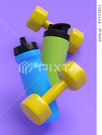 Isometric view of sport equipment like water bottle and dumbbell on violet background. 3d render of power lifting and fitness concept 84503801
