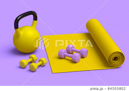 Isometric view of sport equipment like yoga mat, dumbbell and kettlebell on violet background. 3d render of power lifting and fitness concept Isometric view of sport equipment like yoga mat, dumbbell and kettlebell on violet background. 3d render of power lifting and fitness concept 84503802