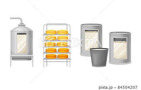 Automated cheese production process. Equipment for production of dairy product vector illustration 84504207