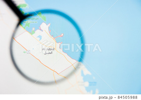 Al Jubayl city in Saudi Arabia visualization illustrative concept on display screen through magnifying glass 84505988