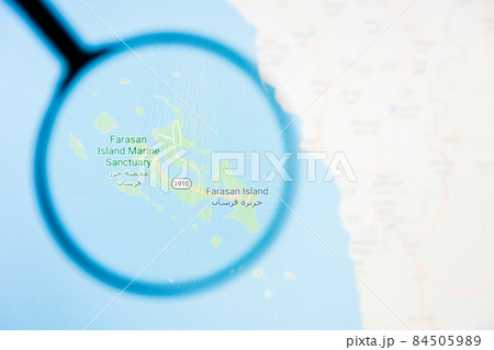 Farasan city in Saudi Arabia visualization illustrative concept on display screen through magnifying glass 84505989