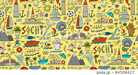 Travel to Sochi, Russian City on Black Sea. Tourism Concept. Seamless Pattern Background for your design Travel to Sochi, Russian City on Black Sea. Tourism Concept. Seamless Pattern Background for your design 84508427
