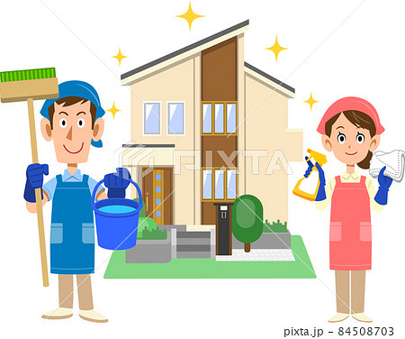 ピカピカの一軒家の前で清掃用具を持つエプロンをつけた男女 84508703