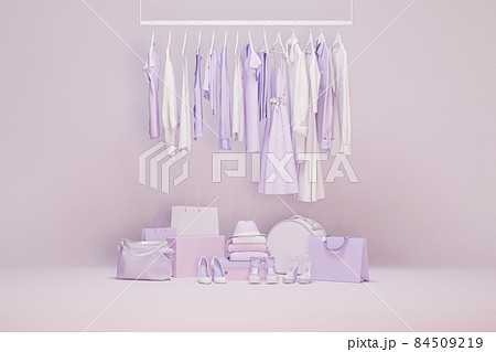 Clothes on grunge background, shelf on purple background. Collection of clothes hanging on a rack in coral pink colors. 3d rendering, store and bedroom concept Clothes on grunge background, shelf on purple background. Collection of clothes hanging on a rack in coral pink colors. 3d rendering, store and bedroom concept 84509219
