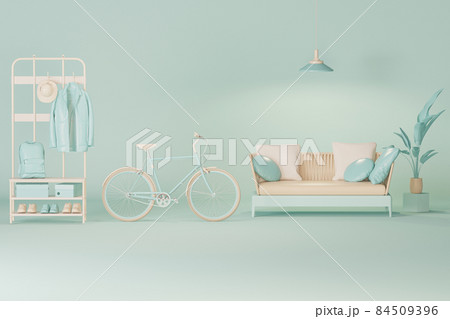 Creative composition. Interior of the room in pastel blue color with furnitures and room accessories. Light background with copy space. 3D render for web page, presentation, studio. Healthy lifestyle	 84509396