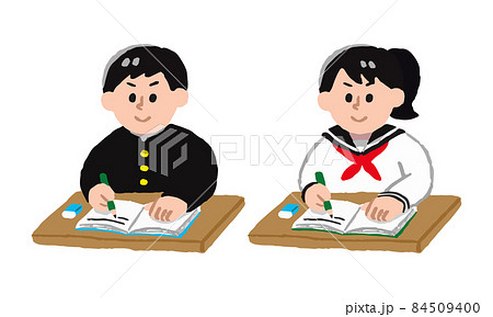 机で勉強するセーラー服女子学生学ラン男子学生 手描きカラー のイラスト素材