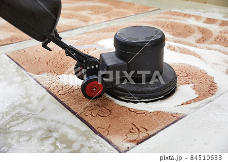 Carpet chemical cleaning with professionally disk machine. Early spring cleaning or regular clean up. 84510633
