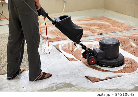 Carpet chemical cleaning with professionally disk machine. Early spring cleaning or regular clean up. 84510648