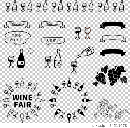 Illustration material: Cute red wine with hand-drawn lines White wine and label set Outline only White background Illustration material: Cute red wine with hand-drawn lines White wine and label set Outline only White background 84511478