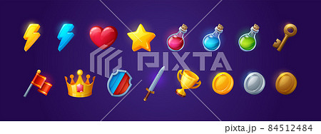 Game icons with heart, lightning, coins and star Game icons with heart, lightning, coins and star 84512484