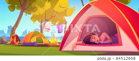 Woman sleep in camping tent with fire and stuff 84512608