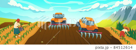 Farm field with plowing tractor and farmers work 84512614