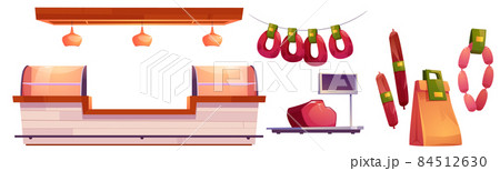 Meat market stall, beef, pork on scales, sausages Meat market stall, beef, pork on scales, sausages 84512630
