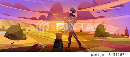 Man villager with ax chop firewood on rural field 84512674