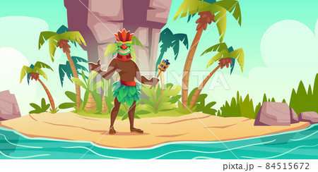 Tiki man in mask holding torch in hand on island Tiki man in mask holding torch in hand on island 84515672