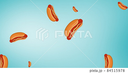 Digital composite image of falling american hot dogs with mustard sauce against blue background 84515978