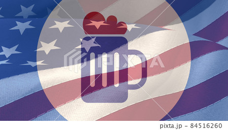 Image of red, white and blue beer mug and circles over american flag 84516260